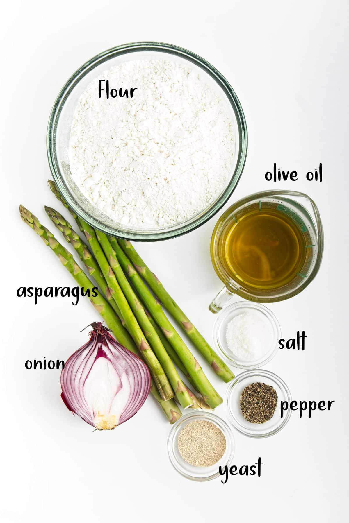Ingredients for focaccia bread with asparagus and red onions.