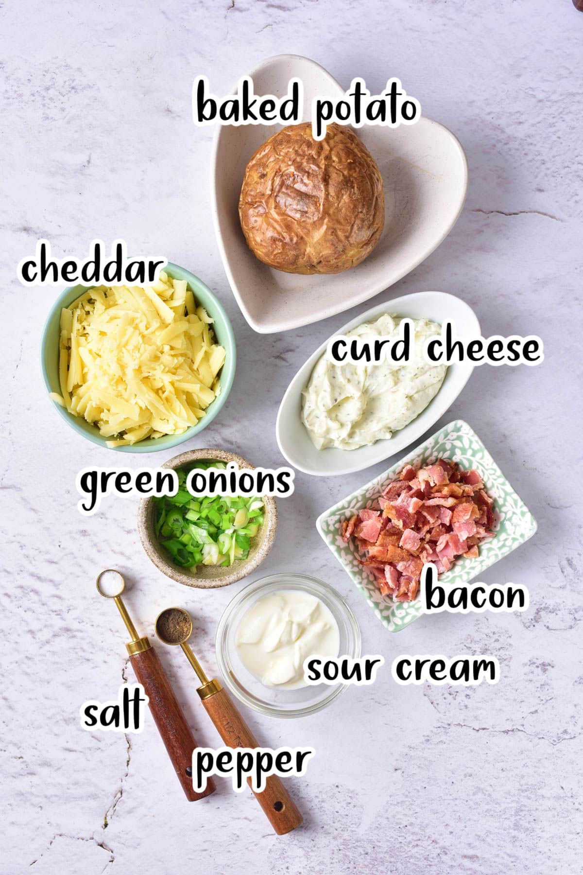 Labeled ingredients for loaded baked potatoes.