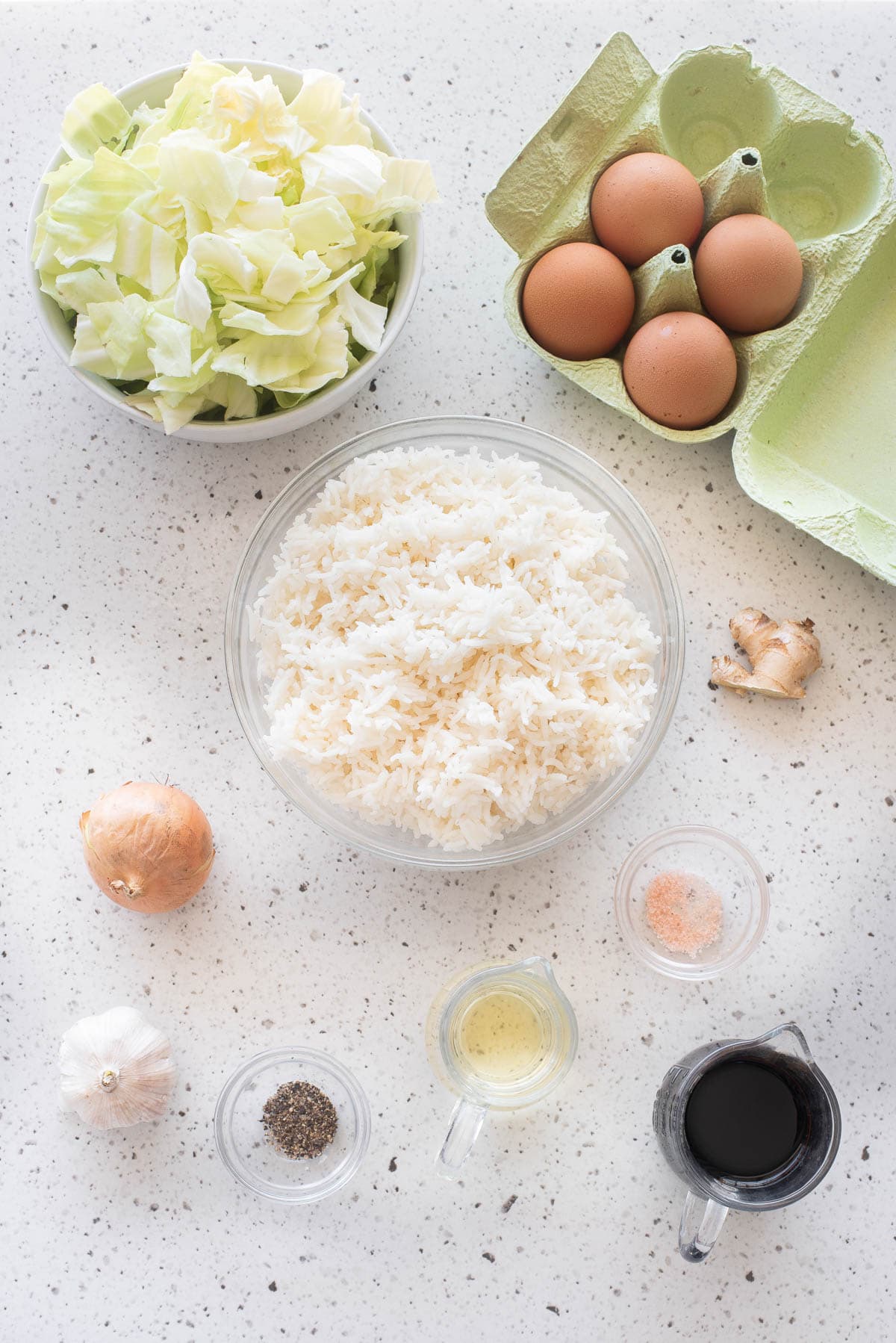 Ingredients for egg fried rice.