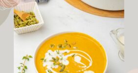 Graphic of pumpkin soup for Pinterest.