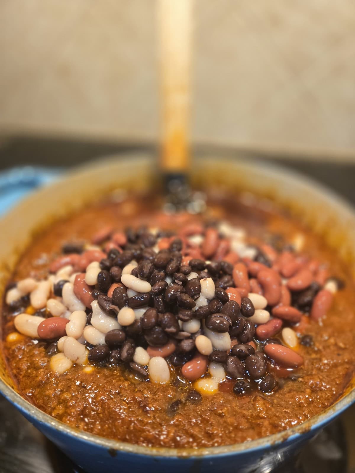 Black, white, and red beans on top of a pot of chili.