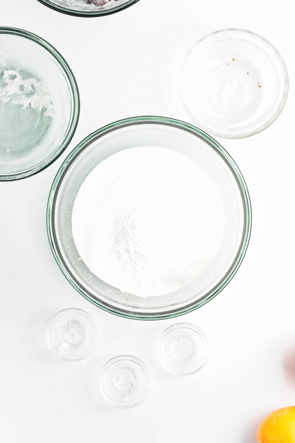 Glass bowl of flour.