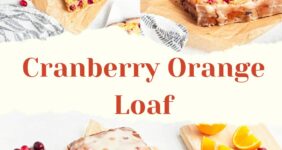 Iced cranberry bread on parchment paper with bowl of cranberries, and orange, with slices of orange on cutting board to the side along with a dish towel and small cup of icing.