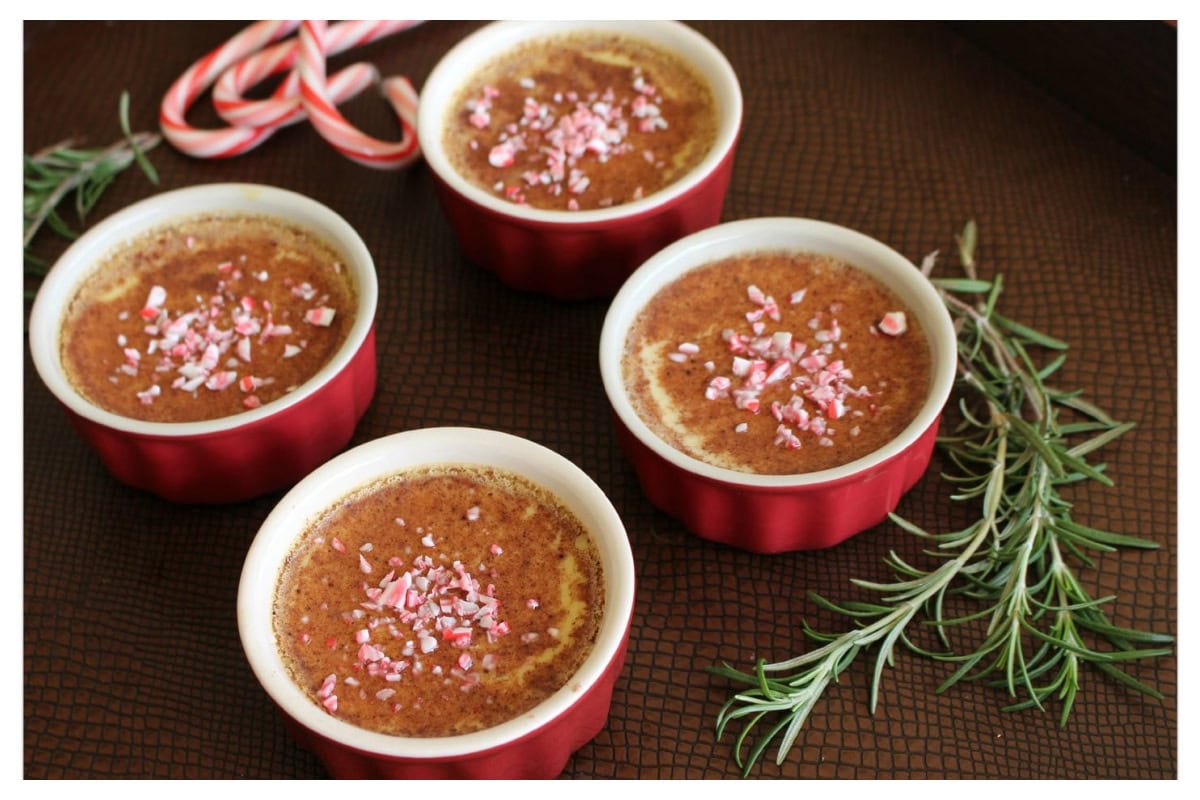 Custard cups with crushed peppermint on top.