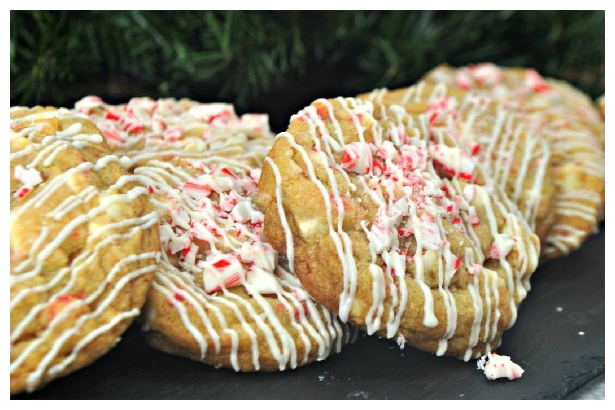 White chocolate chip cookies drizzled with white chocolate and crushed peppermint.