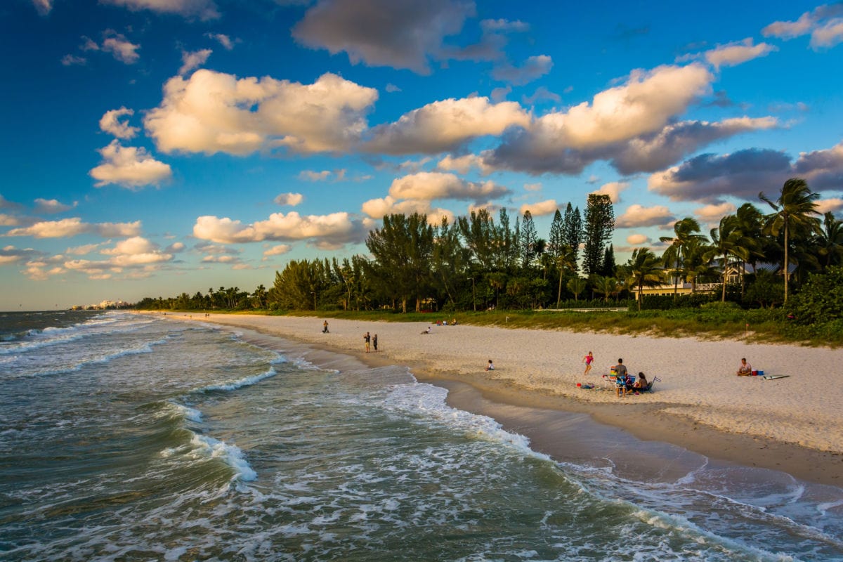 Beach with blue sky and people on sand.