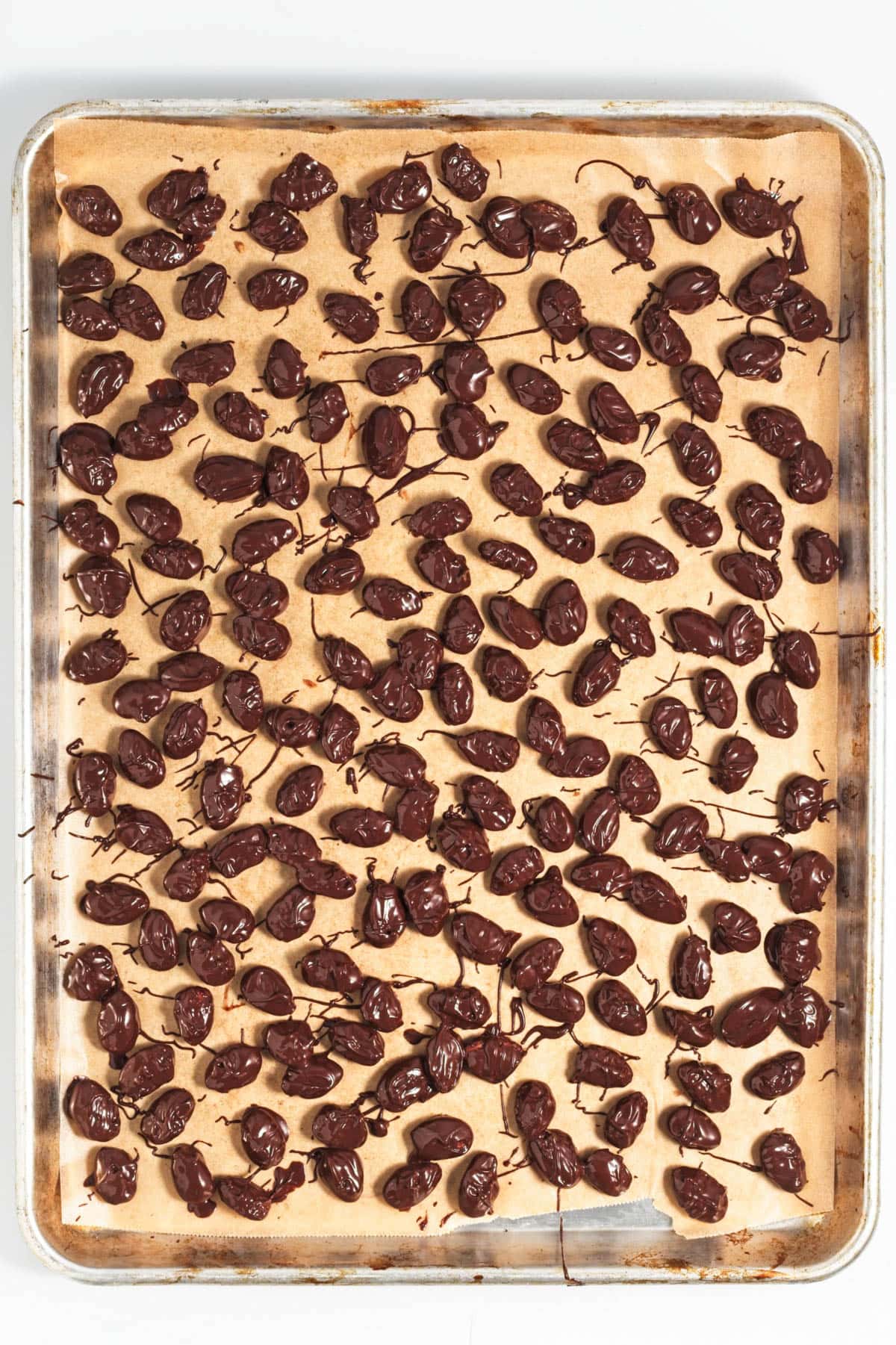 Chocolate covered nuts on parchment paper on a baking sheet.