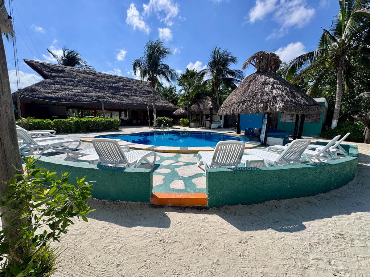 Pool with chairs around it and thatched roof structures in background.