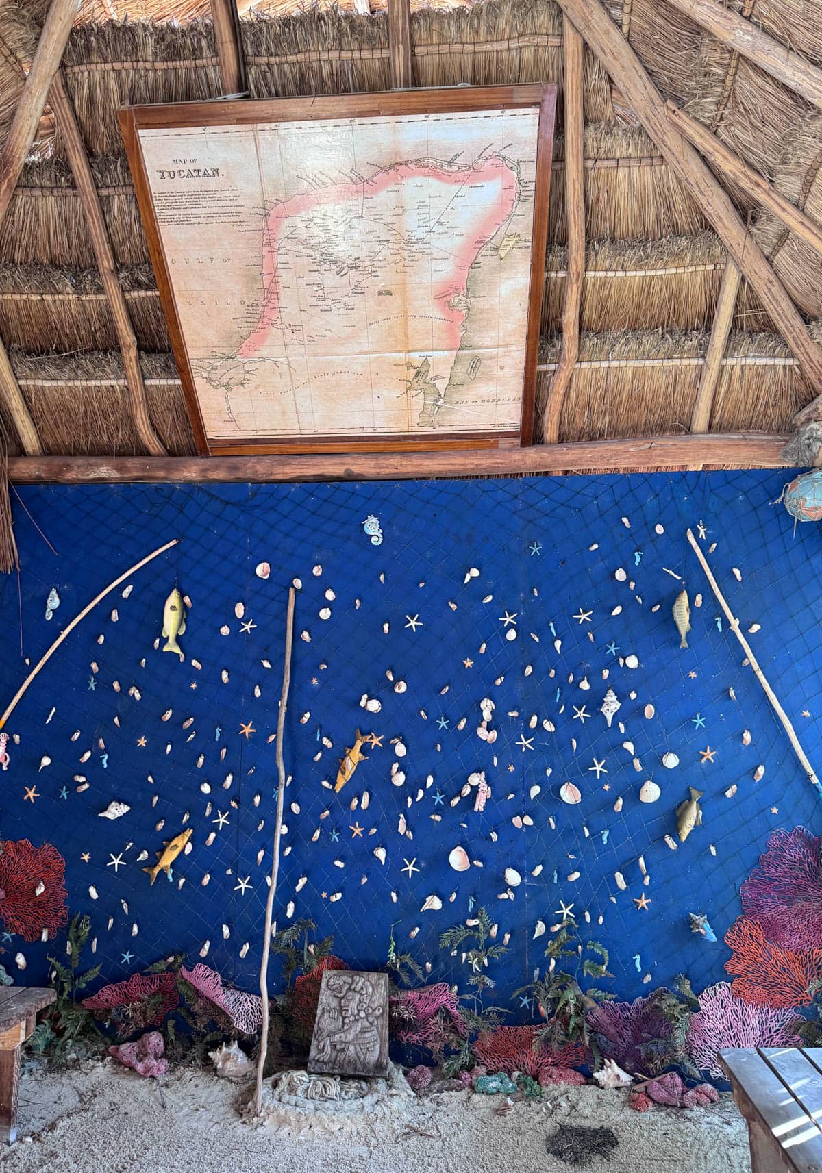 Thatched roof with map.