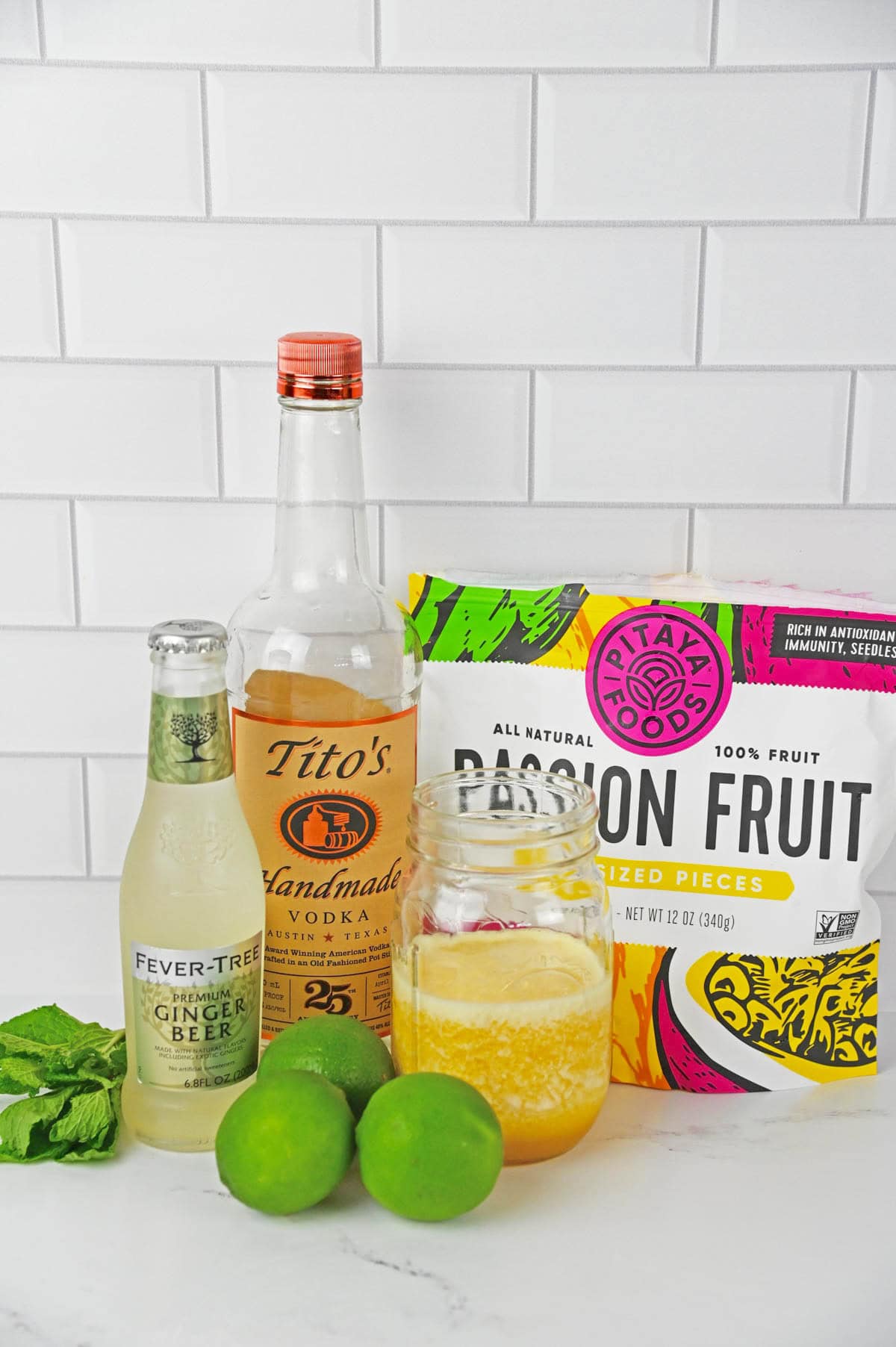 Ingredients to make a tropical cocktail with vodka.