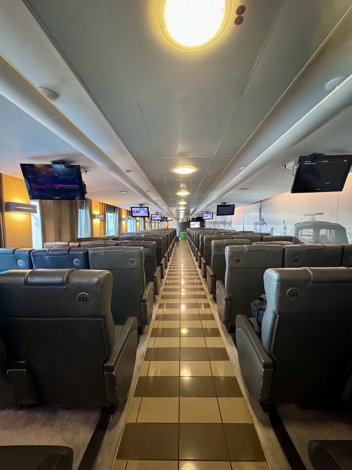 Seating inside a ferry boat.
