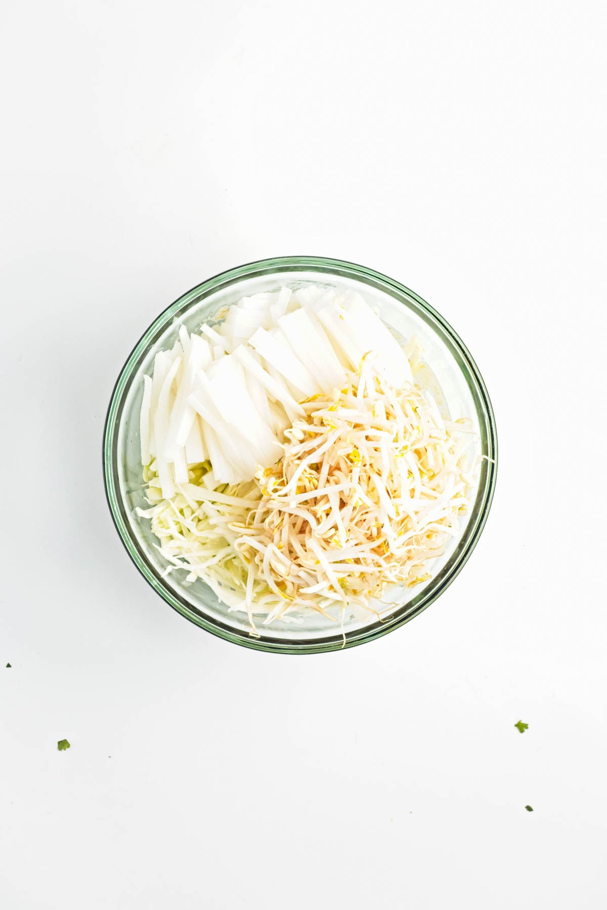 A bowl of sliced radishes and bean sprouts.