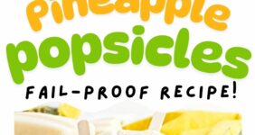 Yellow popsicles on a wood board with fresh pineapple in background for a graphic for Pinterest.