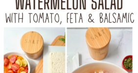 A platter of watermelon salad with a bowl of tomatoes and watermelon balls with fresh mint on the side.