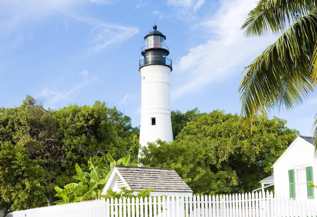Lighthouse against blue sky.