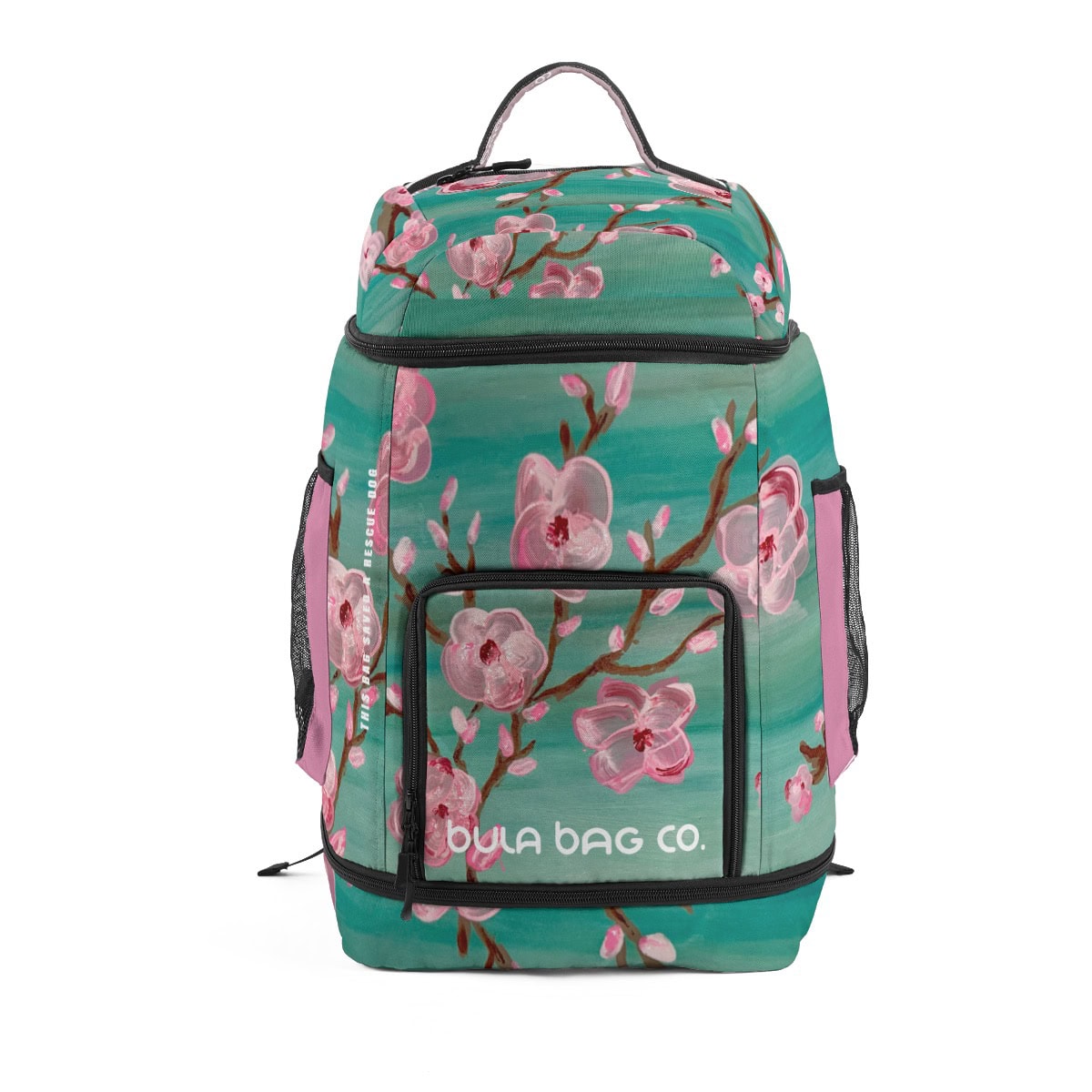 Backpack with pink flowers on teal background.