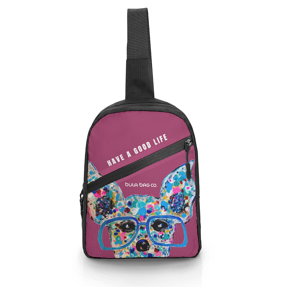 Cross body bad with colorful dog with sunglasses.