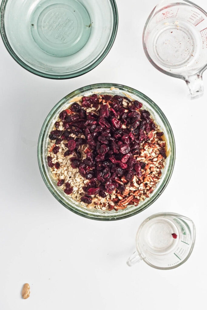 Dried oats with pecans, cranberries, and other ingredients to make oatmeal bars.