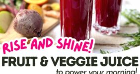 Two glasses of fruit and vegetable juice with fruit and veggies in background and orange on bottom with text in middle.