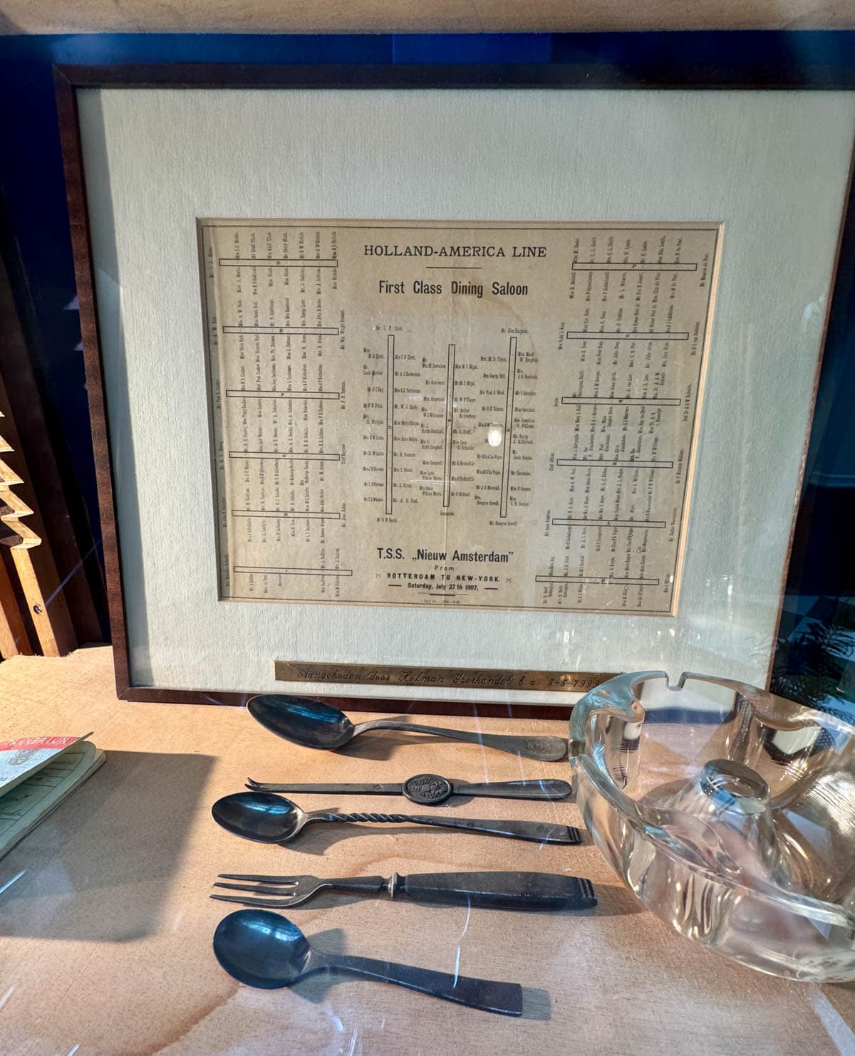 Historic pieces from Holland America cruise line on display at Hotel New York in Rotterdam.