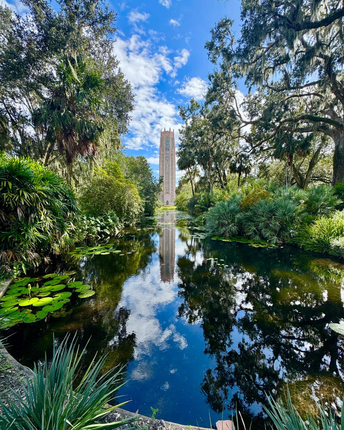 Tower in the distance beyond a lake with reflection and trees.