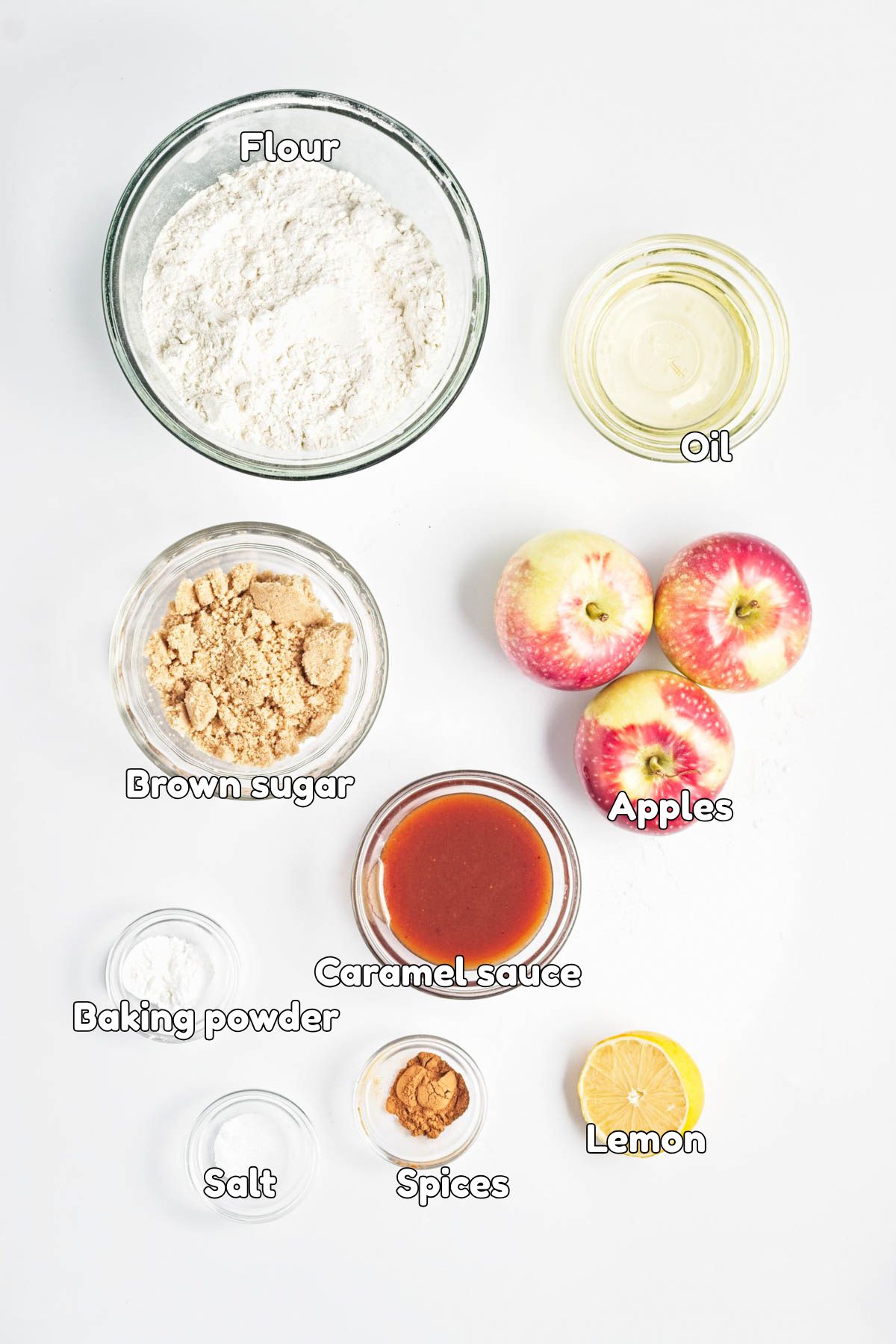 Infographic for recipe ingredients for caramel apple crumble bars.