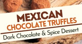 Pinterest graphic of chocolate truffles and pieces of chocolate and cinnamon sticks on a wood serving board.