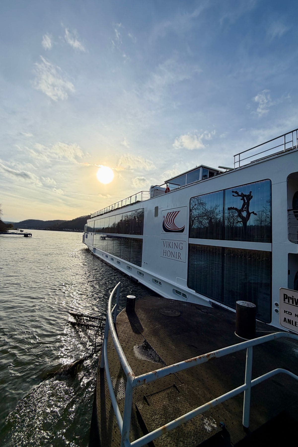 Viking River Cruise ship at sunset.