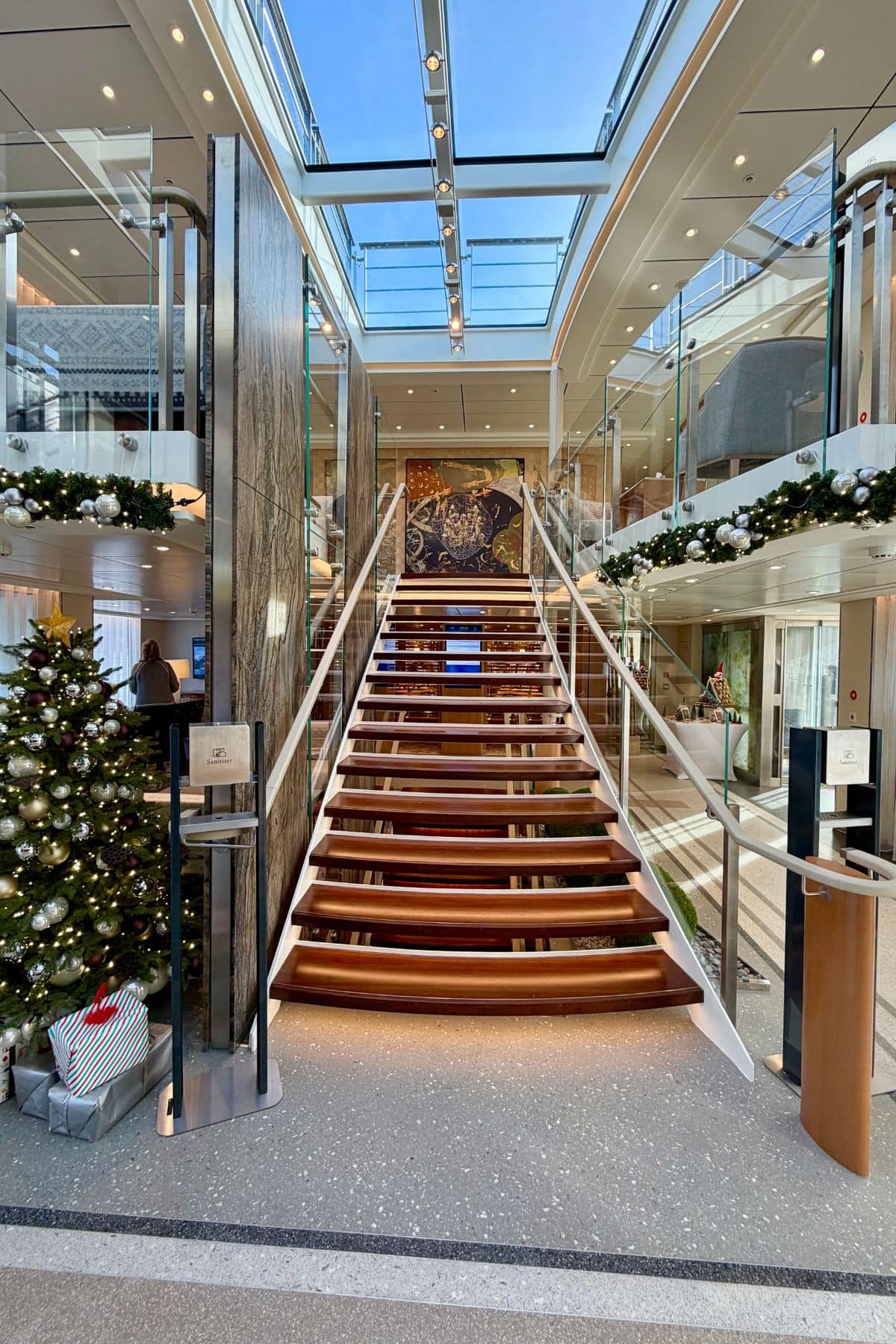 Stairway on a ship decorated for the holidays.