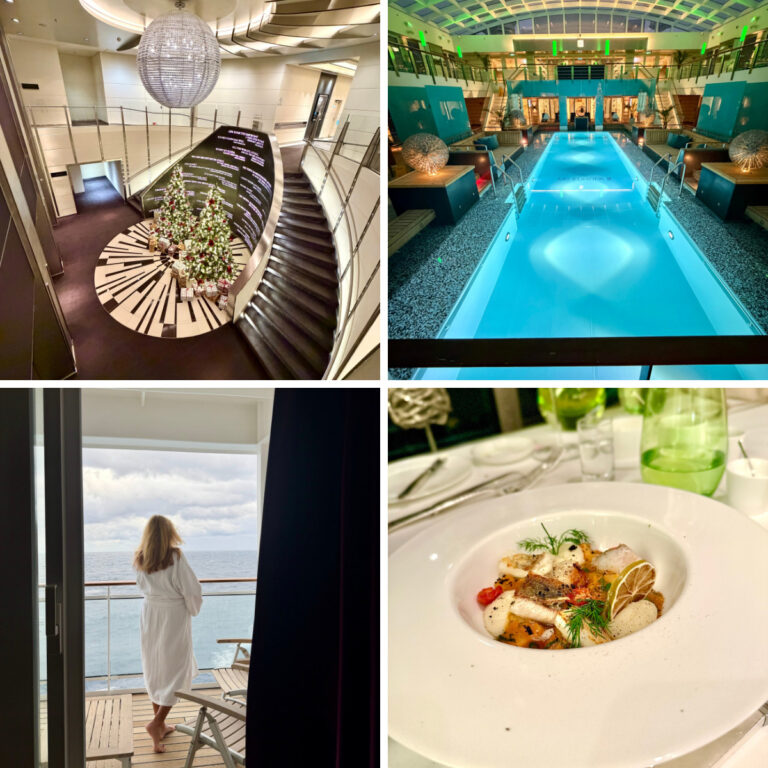 Europa 2 Cruise Ship entryway, pool, seafood dish, and woman in robe on balcony.