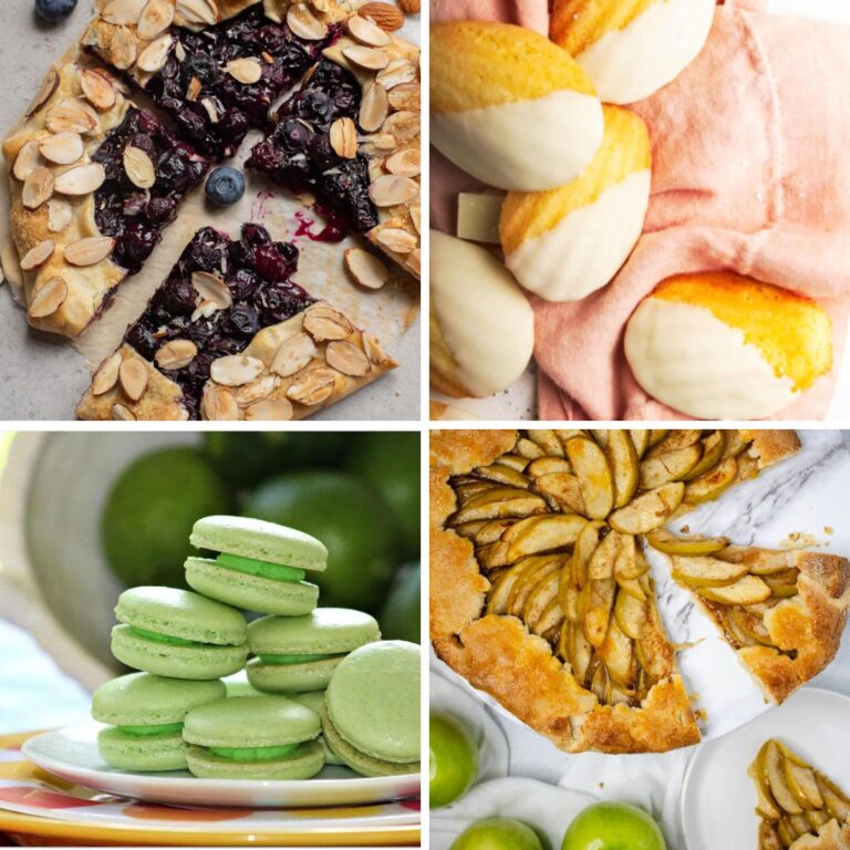 Collage of blueberry galette, madeleine cookies, apple galette, and lime macarons.
