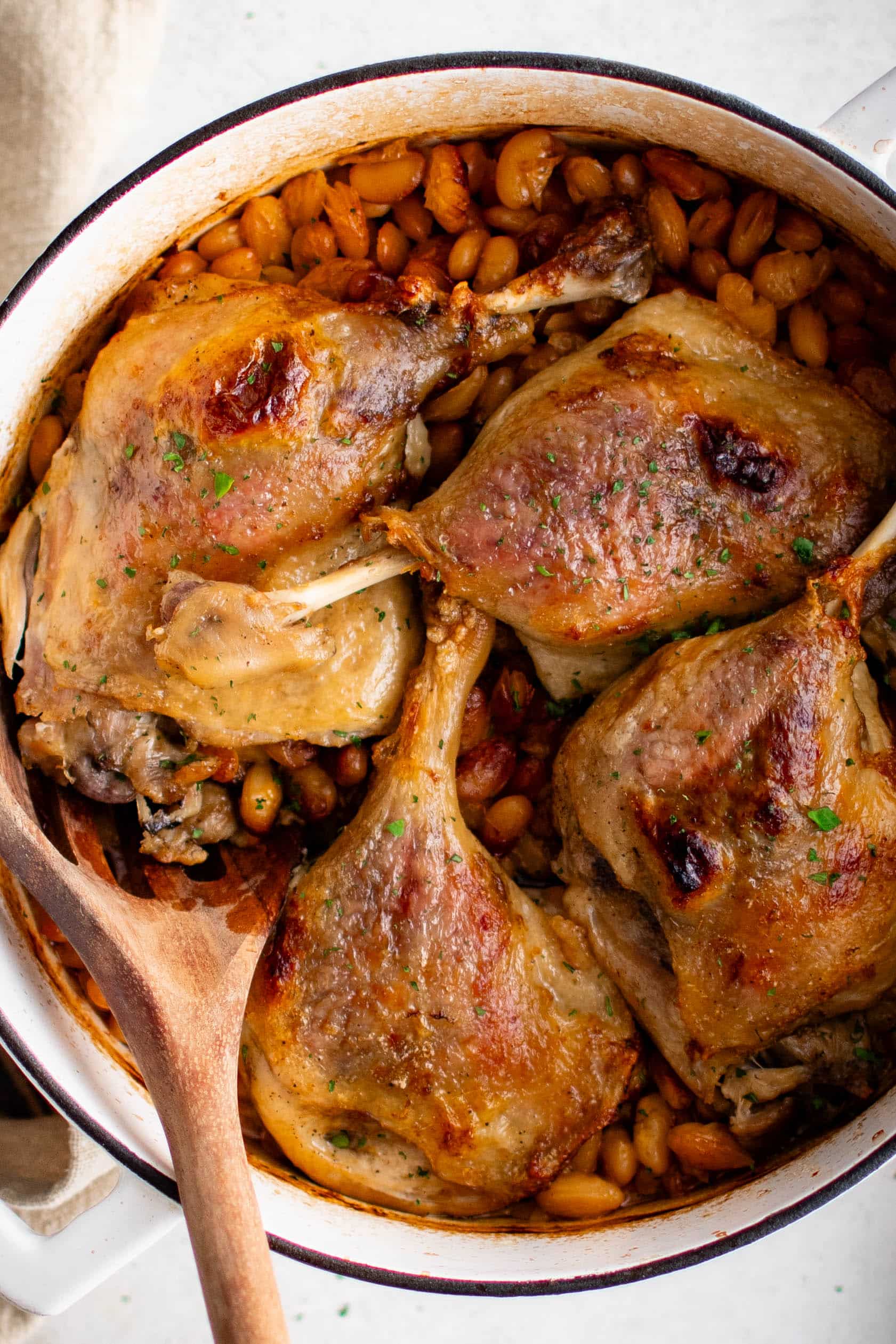 Chicken and beans in a dark rich broth in a cassoulet.