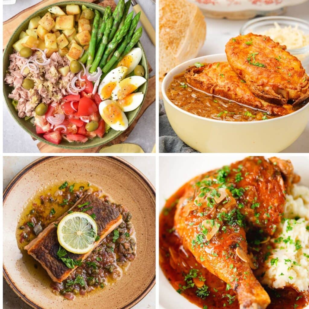 A four photo collage of French dinners including a tuna nicoise salad, French onion soup, salmon with lemon butter sauce, and chicken with sauce and fresh herbs with a side of mashed potatoes.