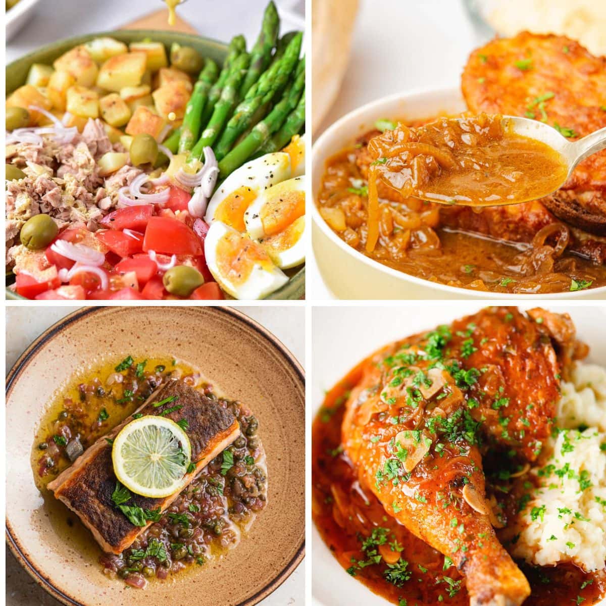 A four photo collage of French dinners including a tuna nicoise salad, French onion soup, salmon with lemon butter sauce, and chicken with sauce and fresh herbs with a side of mashed potatoes.