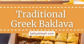 Piece of baklava on a spatula and baking dish of baklava cut into squares with pieces missing and one piece turned sideways laying in syrup at bottom.