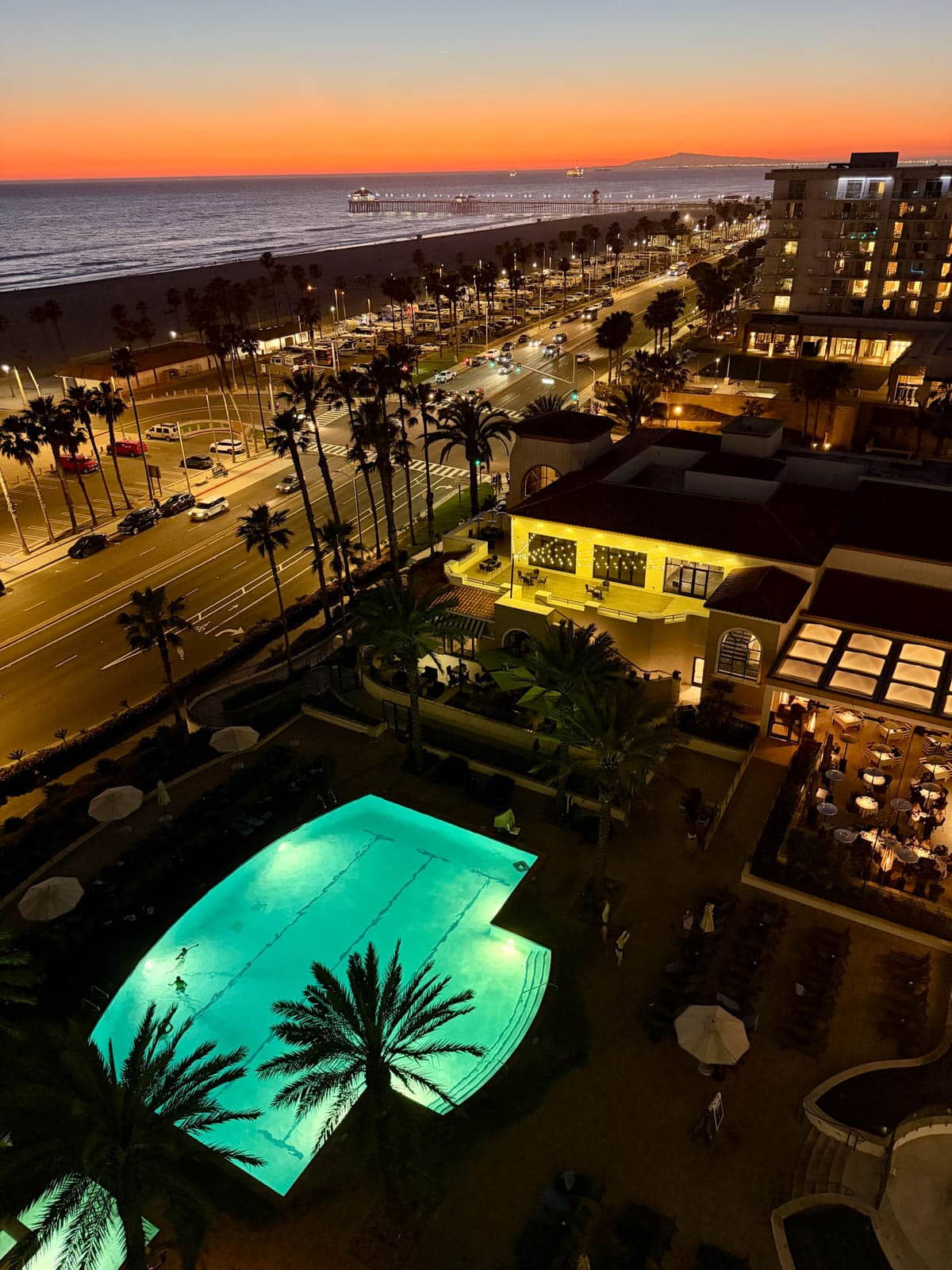 View of sunset over beach from hotel.