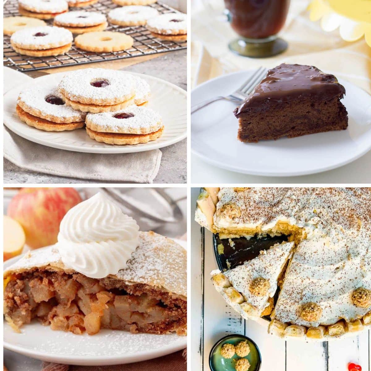 Collage of desserts including cookies topped with powdered sugar, slice of chocolate cake, slice of apple dessert with whipped cream and powdered sugar, and a pie topped with whipped cream and sprinkled with spice with one piece of pie missing.