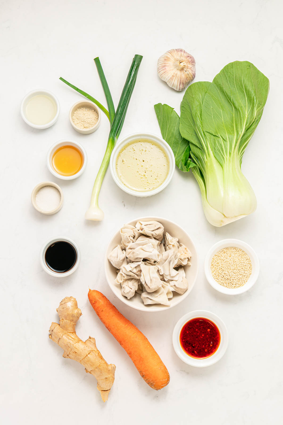 Ingredients for chicken wonton soup on a white counter.