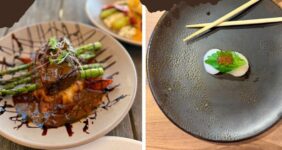 Pinterest image with collage with short rib dish, sushi, chocolate pie. and fried shrimp.