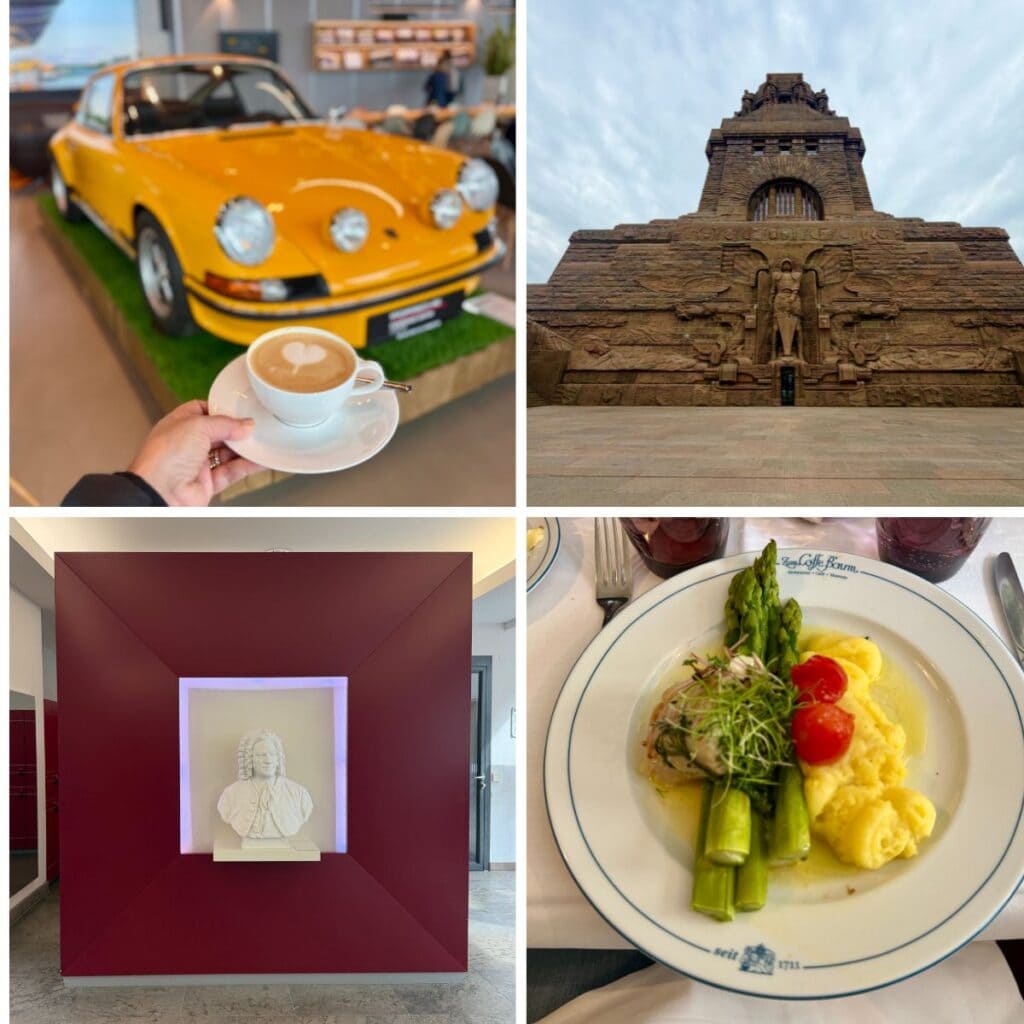 Collage featuring a yellow car and cappucino, tall stone building, portrait of man on white stone, and plate of asparagus and potatoes with cherry tomatoes.