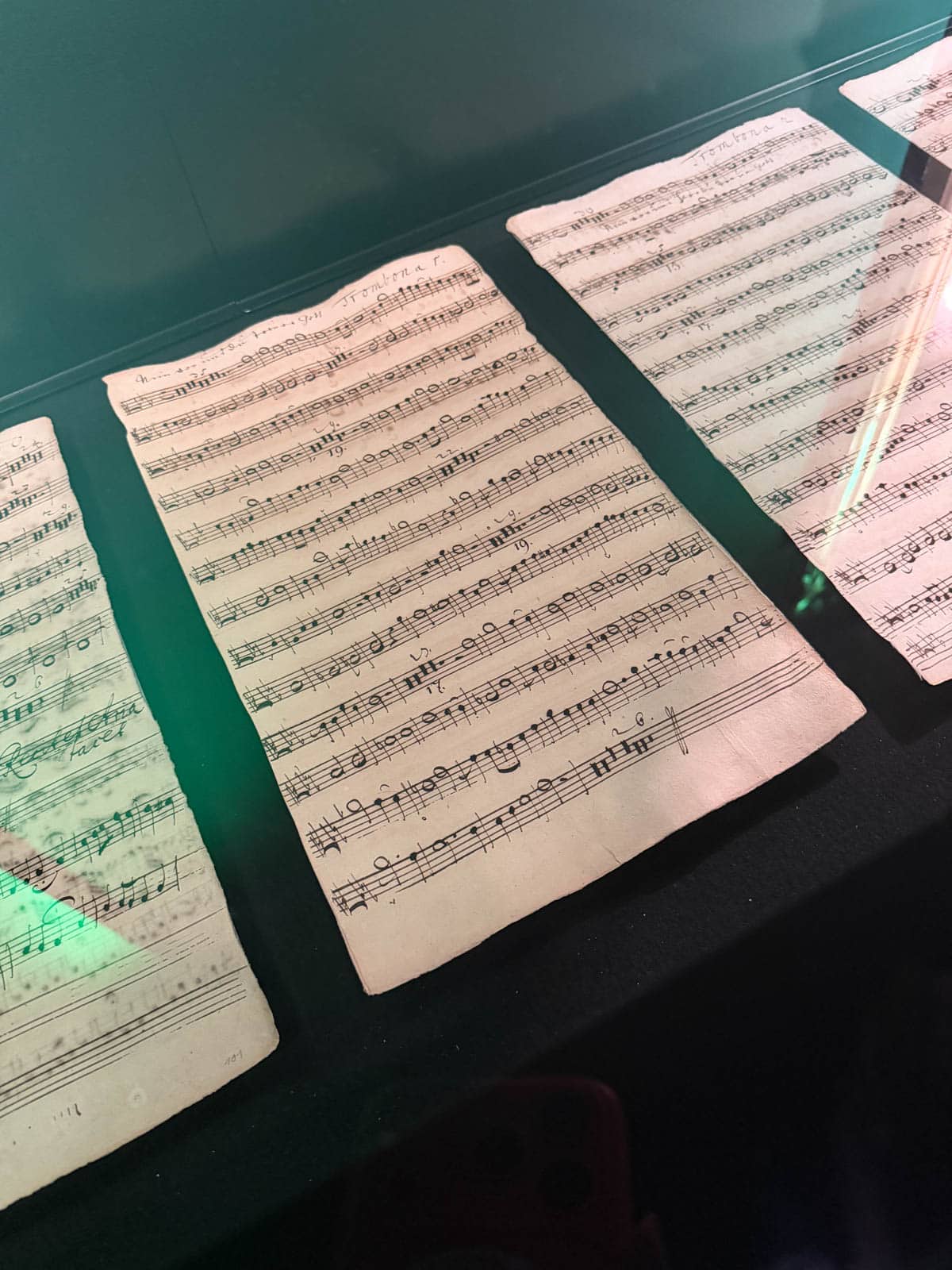 Original Bach manuscripts under glass.