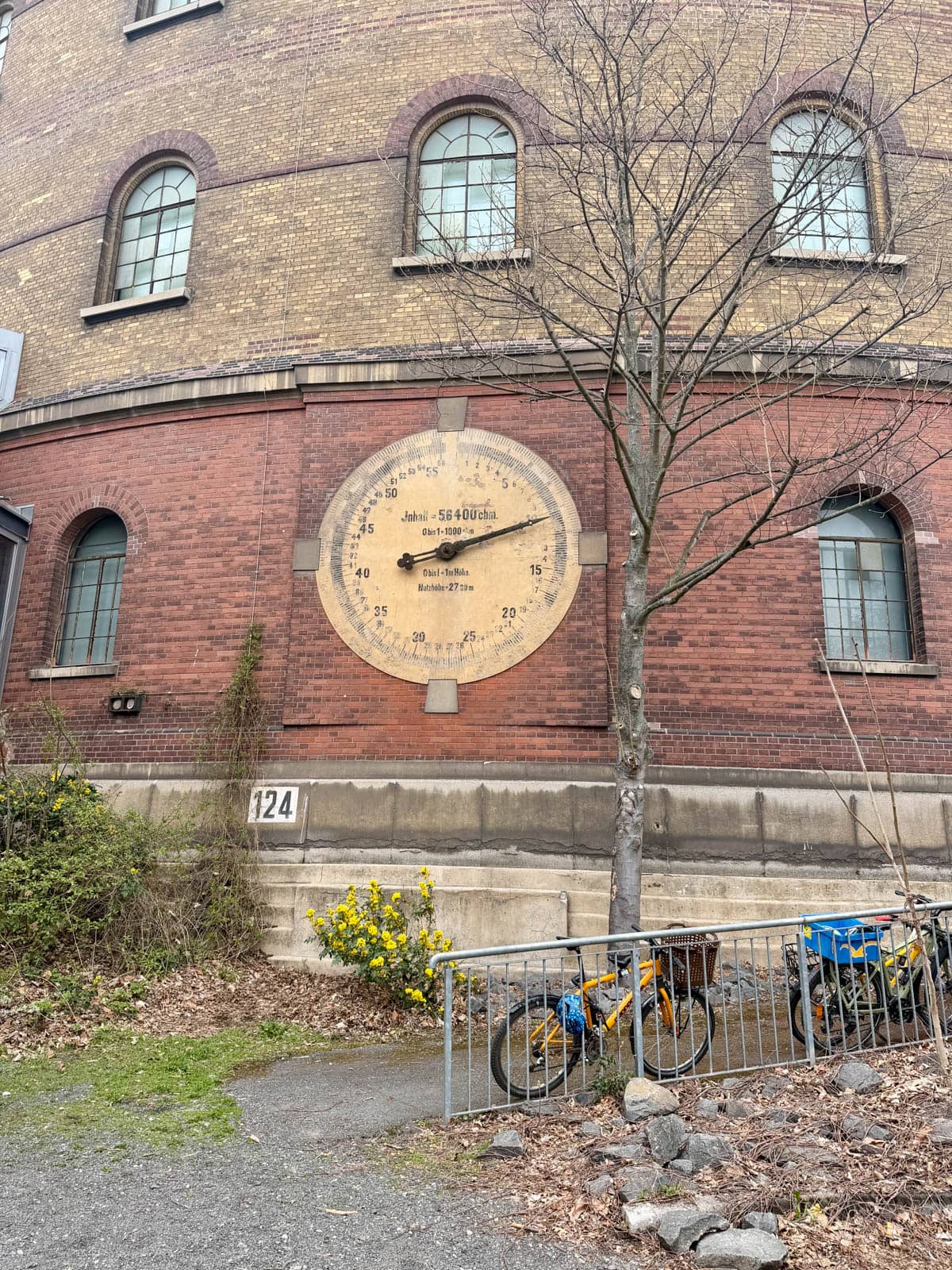 Historic gasometer building with a manometer built into building.