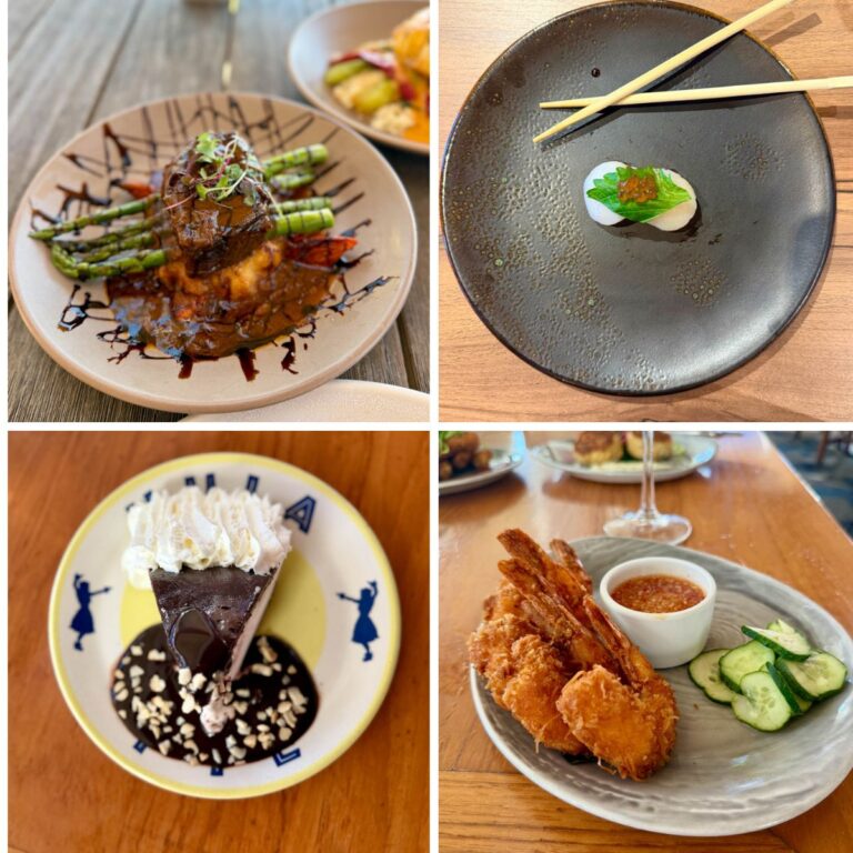 Collage with short rib dish, sushi, chocolate pie. and fried shrimp.