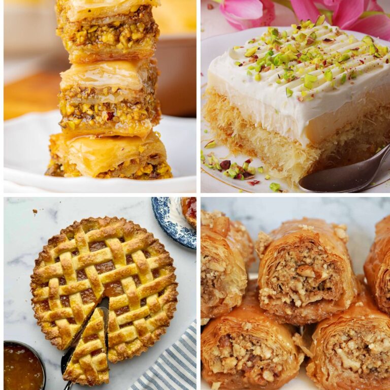 Collage of Greek desserts including baklava, baklava rolls, custard cake, and pie.