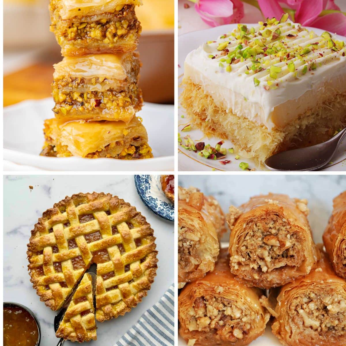 Collage of Greek desserts including baklava, baklava rolls, custard cake, and pie.