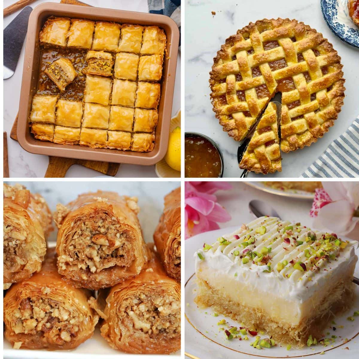 Collage of Greek desserts including baklava, baklava rolls, custard cake, and pie.