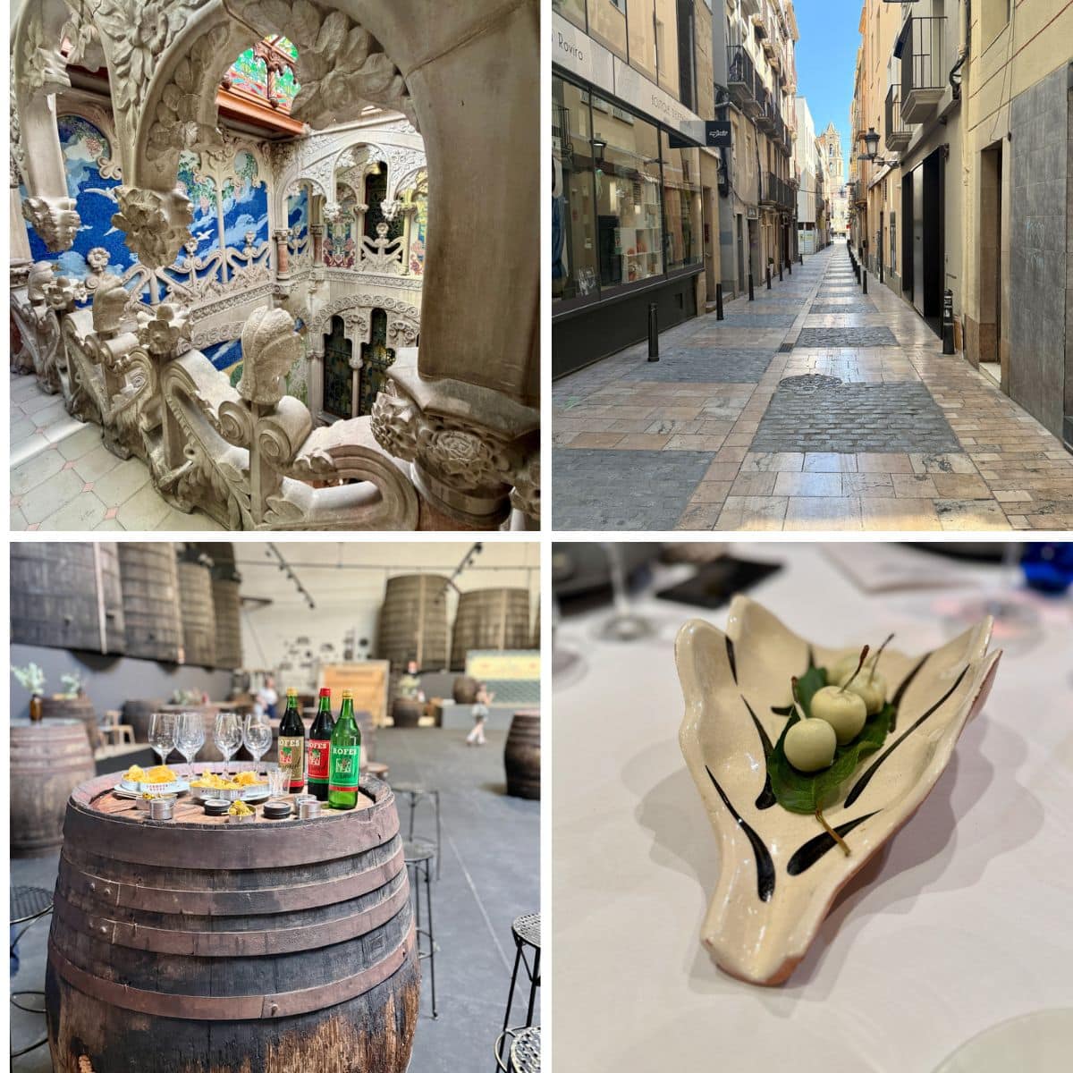 Collage of four photos, including inside an elaborate home, narrow alleyway, wood barrel with bottles of wine, glasses, and snacks, and a platter of white chocolate covered cherries.