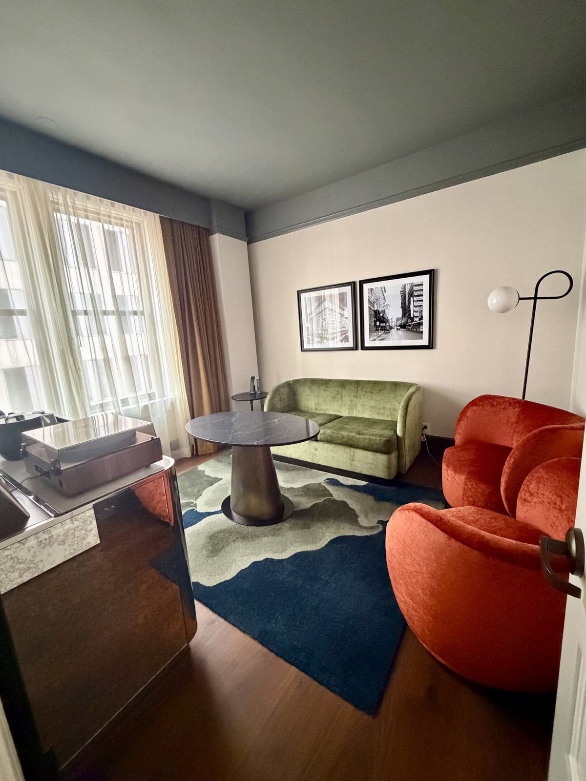 Living room in hotel room.