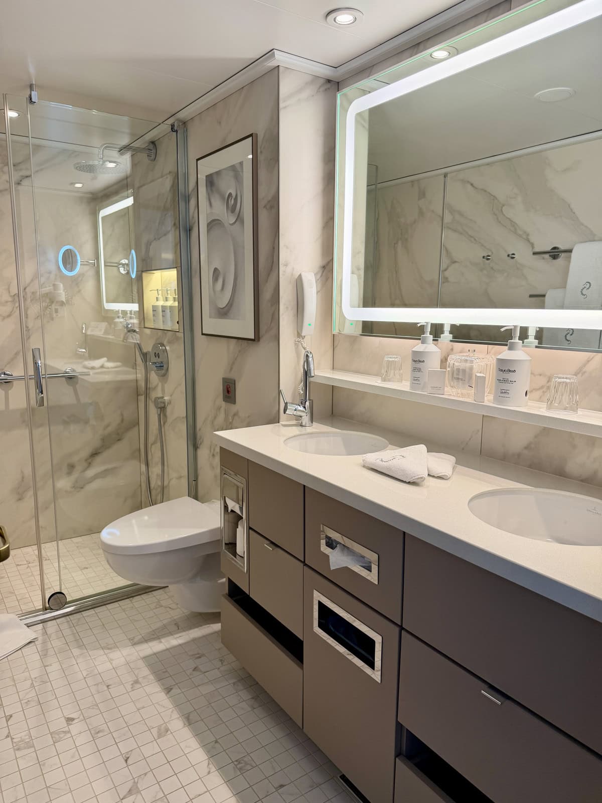 Marble bathroom on a cruise ship.