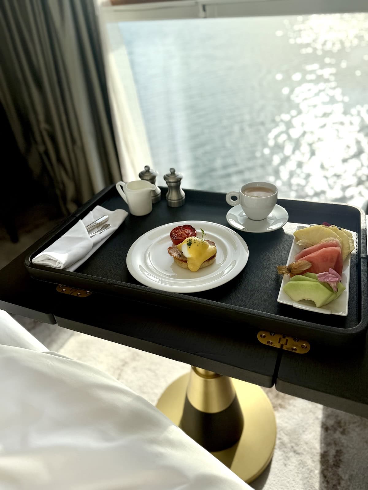 Breakfast in front of the window on a river cruise.